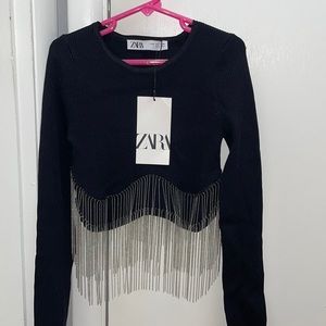 Zara long sleeve knit fringe beaded crop top